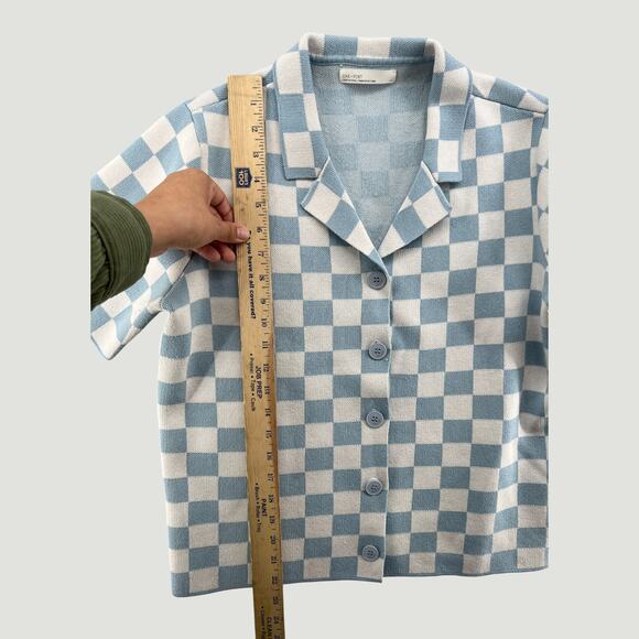 Oak + Fort Blue Cream Check Knit Short Sleeve Cardigan Top Women’s XS/S - Picture 3 of 7